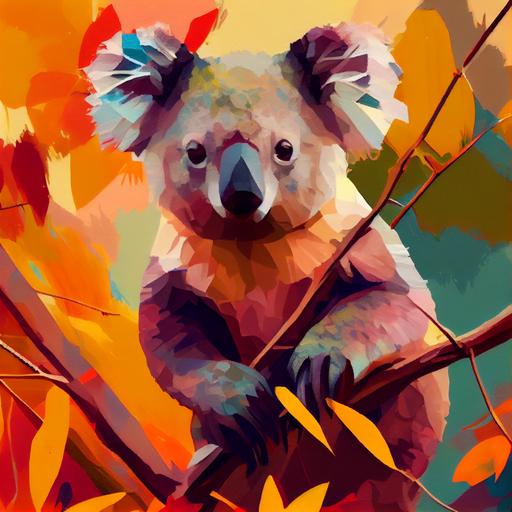 Make a random square with lines, colors and koalas, animated, painting, happy --v 4 --s 750 --upbeta
