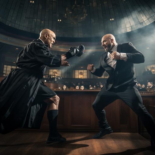 Make a realistic photo of a bald judge, wearing a black robe, boxing with a federal deputy who is wearing a suit and tie. They are in an MMA fighting ring