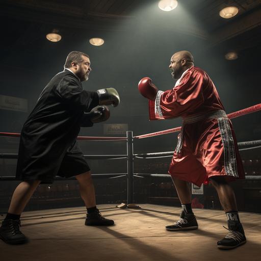 Make a realistic photo of a judge in a robe, boxing in a fighting ring with a federal deputy
