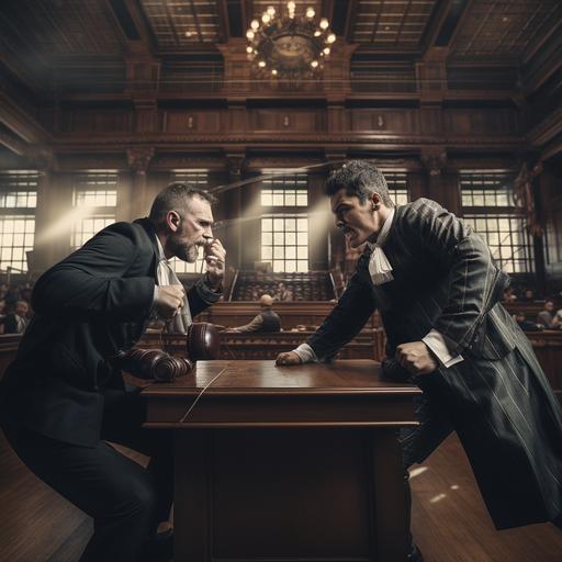 Make a realistic photo of a judge wearing a robe, boxing in a fighting ring with a federal deputy in a suit
