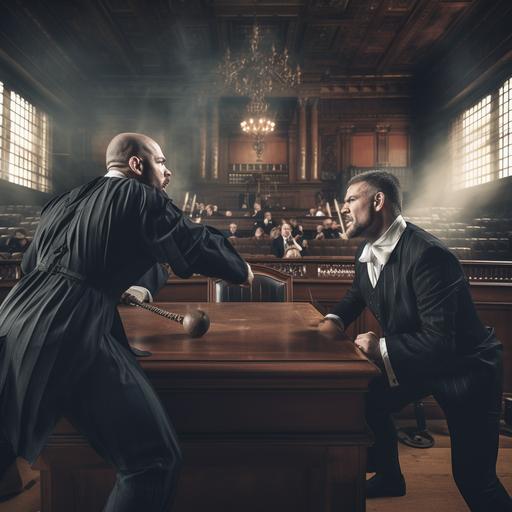 Make a realistic photo of a judge wearing a robe, boxing in a fighting ring with a federal deputy in a suit