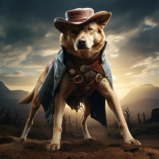 Make me a Cowboy Outlaw dog, standing on two legs, humanoid, Wild West, western, beautiful artwork, Country, forest in the background, Blue eyes, Male, Cowboy hat, cowboy boots, outlaw, gunslinger, badass, intimidating, gun, realistic, dynamic pose, Hyper detailed, hyper realistic photo.