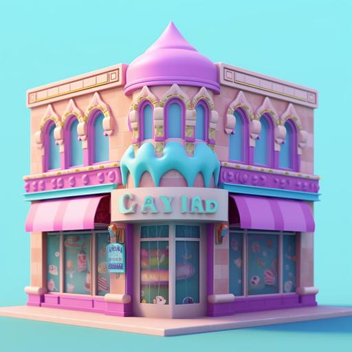 Make me an icon of an ice cream shop, the exterior of the building is inspired by the buildings of Yazd, Iran, and blue, pink, green, and purple colors are used, and colored glass is used, and the roof of the Gonbad cafe is covered with colored glass. And it must be an icon