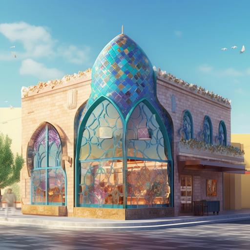 Make me an icon of an ice cream shop, the exterior of the building is inspired by the buildings of Yazd, Iran, and blue, pink, green, and purple colors are used, and colored glass is used, and the roof of the Gonbad cafe is covered with colored glass