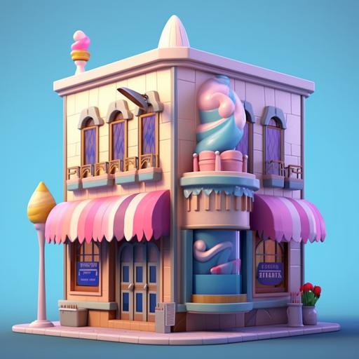 Make me an icon of an ice cream shop, the exterior of the building is inspired by the city of Yazd, Iran, and blue, pink, green, blue and purple colors are used, and colored glass is used