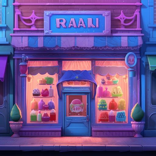 Make me an icon of an ice cream shop, the exterior of the building is inspired by the buildings of Yazd, Iran, and blue, pink, green, blue, and purple colors are used, and colored glass is used