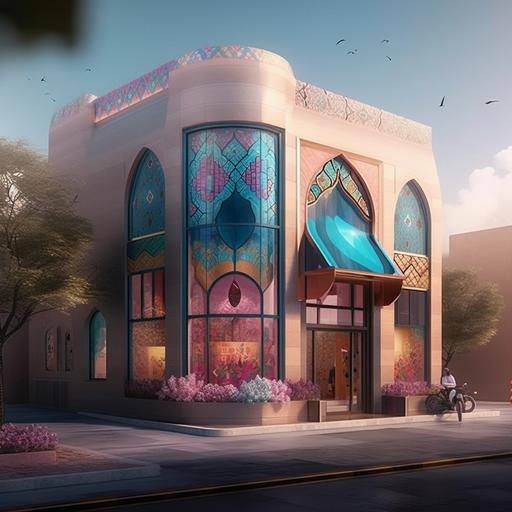 Make me an icon of an ice cream shop, the exterior of the building is inspired by the buildings of Yazd, Iran, and blue, pink, green, and purple colors are used, and colored glass is used, and the roof of the Gonbad cafe is covered with colored glass