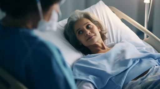 Make patient laying in hospital bed a woman age 50-65, super high quality, 4k, --ar 16:9 --v 5.2