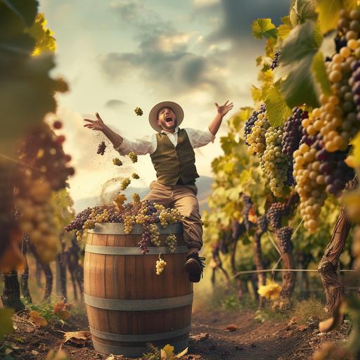 Make smart man casts his into a wooden barrel with many grapes in it and is trampling the grapes in the barrel. The atmosphere has a vineyard in the background. --v 6.0 --style raw
