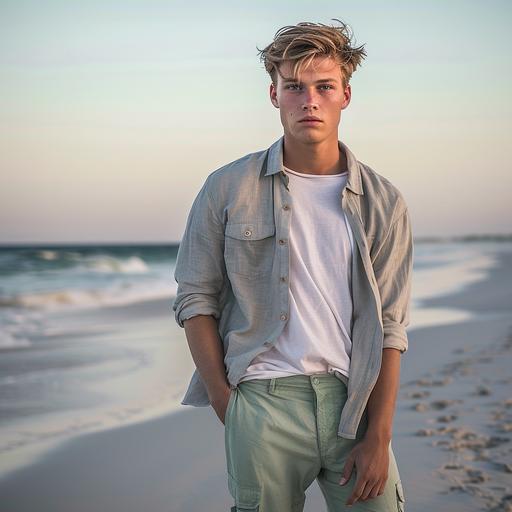 Making variations for image #2 with prompt Male Model, aged 23 with short blond hair. He is part of a campaign shoot for a Scandinavian brand. Model is wearing a grey beige heather linen shirt buttoned open , under the shirt a white tee shirt , combined with a mint green minimal cargo short,. The model is standing on an empty beach, all needs to feel very natural, minimal and fresh with lots of sun.