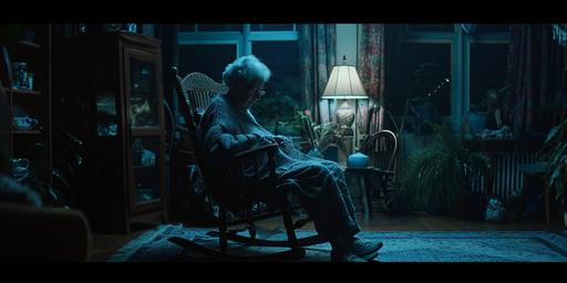 a cinematic still, as if directed by park Chan wook, of an elderly American woman sitting in a rocking chair knitting inside her modest home, at night --ar 2:1 --v 6.0