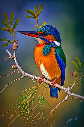 Malachite Kingfisher bird dislaying magnificent colors posed on the branch of a tree in the African bush, contrast golds and greens and very blue sky, --ar 2:3