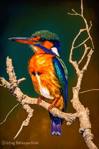 Malachite Kingfisher bird dislaying magnificent colors posed on the branch of a tree in the African bush, contrast golds and greens and very blue sky, --ar 2:3