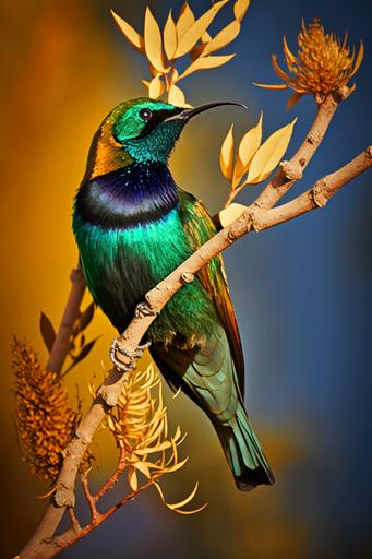 Malachite Sunbird dislaying magnificent colors posed on the branch of a tree in the African bush, contrast golds and greens and very blue sky, --ar 2:3