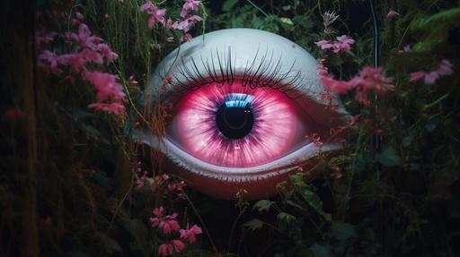Malcolm Liepke painted a huge human eye in the night garden of Eden without people in neon pink light, Leica lens, shot on Kodak, 16mm, super detailed, lens Leica 5M, grain, film, Leica M5 --ar 16:9