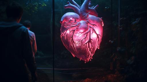 Malcolm Liepke painted a huge human heart in the night garden of Eden without people in neon pink light, Leica lens, shot on Kodak, 16mm, super detailed, lens Leica 5M, grain, film, Leica M5 --ar 16:9