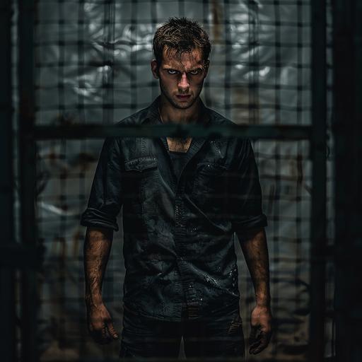 Male, 23, Hazel eyes, Scared, sad, emotional, wearing a black shirt, jeans, Standing in an underground cage fight, Realistic, hyper realistic photo, dynamic pose, full body portrait. --v 6.0