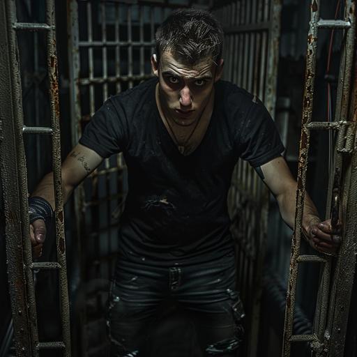 Male, 23, Hazel eyes, Scared, sad, emotional, wearing a black shirt, jeans, Standing in an underground cage fight, Realistic, hyper realistic photo, dynamic pose, full body portrait. --v 6.0