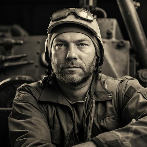Male, Fred Durst as a Soviet Tank commander in 1948 wearing a TSh-4 soviet tank helmet. 2.40:1 widescreen, 85mm lense. Black & White photography, film grain & distortion. blurred tank in backround