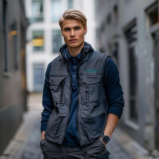 Male Model, aged 23 with blond hair. He is part of a campaign shoot for a Scandinavian brand. Model is wearing a minimal utility vest in retro blue, fabric is a clean softshell . Very clean and minimal outfit. Underneed the vest you can see a dark blue shirt tucked in a dark grey cargo pant. The model is standing in an empty street with minimal light grey buildings. Total picture needs to feel very natural, minimal and fresh. Shoot is in May, so lots of light and freshnes --v 6.0
