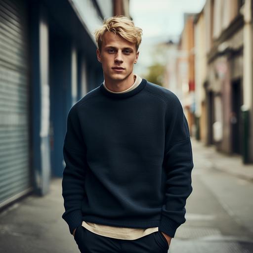 Male Model, aged 23 with short blond hair. He is part of a campaign shoot of a Scandinavian brand. Model is wearing a dark denim look. Underneed the jacket he is wearing a bold blocking sweater. Colors of the sweater are retro blue and celestial yellow. The model is standing in an empty street with minimal concrete buildings, all needs to feel very natural.