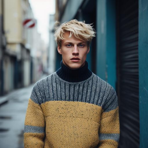 Male Model, aged 23 with short blond hair. He is part of a campaign shoot of a Scandinavian brand. Model is wearing a dark denim look. Underneed the jacket he is wearing a bold blocking sweater. Colors of the sweater are retro blue and celestial yellow. The model is standing in an empty street with minimal concrete buildings, all needs to feel very natural.