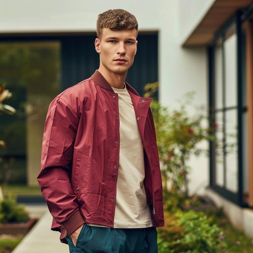 Male Model, aged 23 with short hair. He is part of a campaign shoot for a Scandinavian brand. Model is wearing a minimal harrington in Cranberry Juice, fabric is a clean modern nylon . Very clean and minimal outfit. Underneed the jacket you can see a stone beige shirt tucked in a dark blue pant. The model is standing in front of modern Scandinavian house. Total picture needs to feel very natural, minimal and fresh. Shoot is in May, so lots of light and freshnes