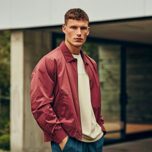 Male Model, aged 23 with short hair. He is part of a campaign shoot for a Scandinavian brand. Model is wearing a minimal harrington in Cranberry Juice, fabric is a clean modern nylon . Very clean and minimal outfit. Underneed the jacket you can see a stone beige shirt tucked in a dark blue pant. The model is standing in front of modern Scandinavian house. Total picture needs to feel very natural, minimal and fresh. Shoot is in May, so lots of light and freshnes