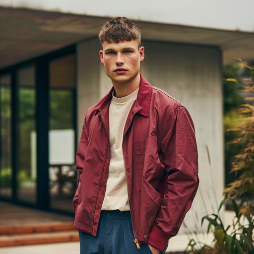 Male Model, aged 23 with short hair. He is part of a campaign shoot for a Scandinavian brand. Model is wearing a minimal harrington in Cranberry Juice, fabric is a clean modern nylon . Very clean and minimal outfit. Underneed the jacket you can see a stone beige shirt tucked in a dark blue pant. The model is standing in front of modern Scandinavian house. Total picture needs to feel very natural, minimal and fresh. Shoot is in May, so lots of light and freshnes