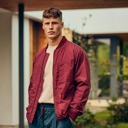 Male Model, aged 23 with short hair. He is part of a campaign shoot for a Scandinavian brand. Model is wearing a minimal harrington in Cranberry Juice, fabric is a clean modern nylon . Very clean and minimal outfit. Underneed the jacket you can see a stone beige shirt tucked in a dark blue pant. The model is standing in front of modern Scandinavian house. Total picture needs to feel very natural, minimal and fresh. Shoot is in May, so lots of light and freshnes