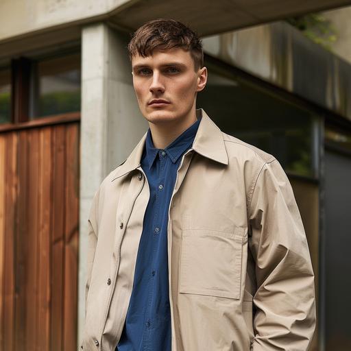 Male Model, aged 23 with short hair. He is part of a campaign shoot for a Scandinavian brand. Model is wearing a minimal harrington in stone beige, fabric is a clean modern nylon . Very clean and minimal outfit. Underneed the jacket you can see a retro blue shirt tucked in a dark blue pant. The model is standing in front of modern Scandinavian house. Total picture needs to feel very natural, minimal and fresh. Shoot is in May, so lots of light and freshnes