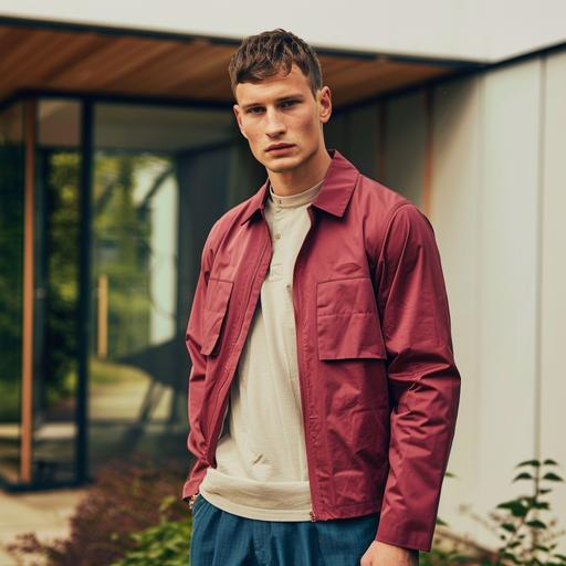 Male Model, aged 23 with short hair. He is part of a campaign shoot for a Scandinavian brand. Model is wearing a minimal harrington in Cranberry Juice, fabric is a clean modern nylon . Very clean and minimal outfit. Underneed the jacket you can see a stone beige shirt tucked in a dark blue pant. The model is standing in front of modern Scandinavian house. Total picture needs to feel very natural, minimal and fresh. Shoot is in May, so lots of light and freshnes