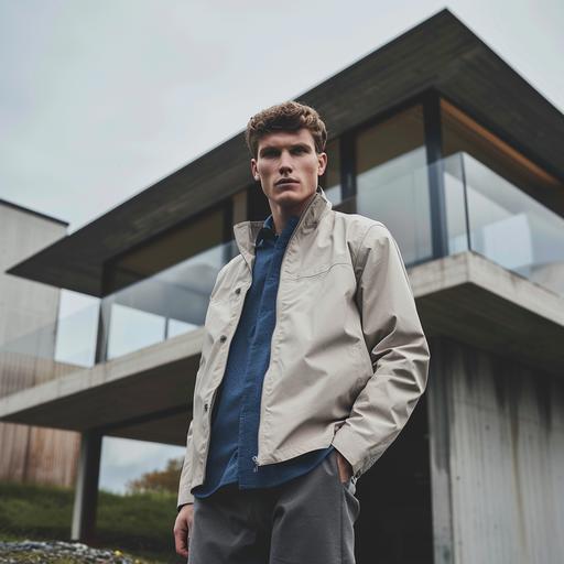 Male Model, aged 23 with short hair. He is part of a campaign shoot for a Scandinavian brand. Model is wearing a minimal harrington in stone beige, fabric is a clean modern nylon . Very clean and minimal outfit. Underneed the jacket you can see a retro blue shirt tucked in a dark blue pant. The model is standing in front of modern Scandinavian house. Total picture needs to feel very natural, minimal and fresh. Shoot is in May, so lots of light and freshnes