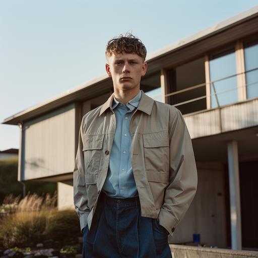 Male Model, aged 23 with short hair. He is part of a campaign shoot for a Scandinavian brand. Model is wearing a minimal harrington in stone beige, fabric is a clean modern nylon . Very clean and minimal outfit. Underneed the jacket you can see a retro blue shirt tucked in a dark blue pant. The model is standing in front of modern Scandinavian house. Total picture needs to feel very natural, minimal and fresh. Shoot is in May, so lots of light and freshnes