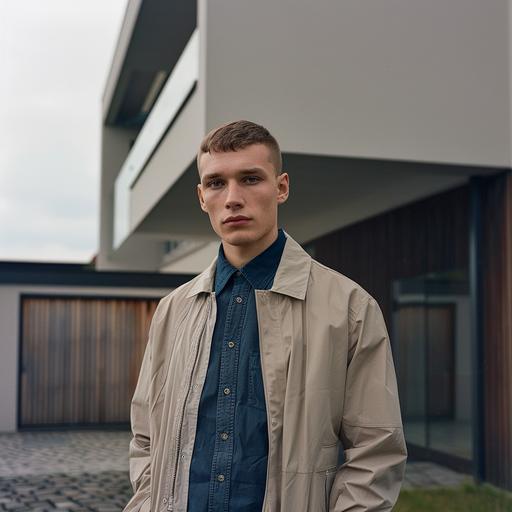 Male Model, aged 23 with short hair. He is part of a campaign shoot for a Scandinavian brand. Model is wearing a minimal harrington in stone beige, fabric is a clean modern nylon . Very clean and minimal outfit. Underneed the jacket you can see a retro blue shirt tucked in a dark blue pant. The model is standing in front of modern Scandinavian house. Total picture needs to feel very natural, minimal and fresh. Shoot is in May, so lots of light and freshnes