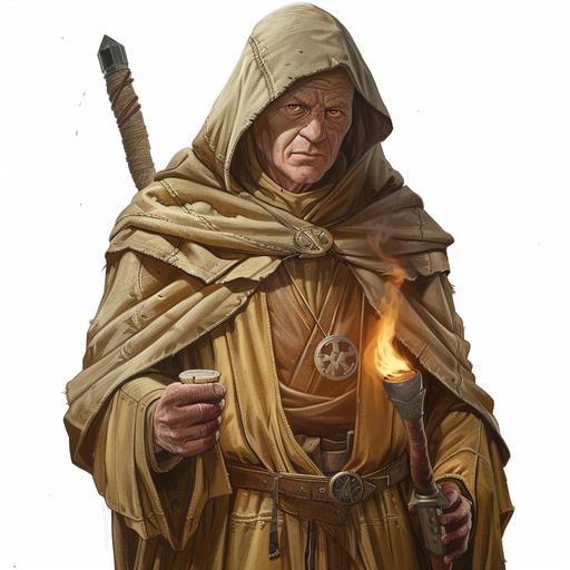 Male character, about 5’8, very pale skin, light red eyes, pale blond hair (but not albino) in a ‘standard male’ haircut (hair is rarely seen under his hood), stern face and broad chin, looks about 40 years old. He wears standard brown and tan hermit robes. Similar to Jedi robes (Star Wars), not very ornate and kinda old/messy. Wool robes, down to the feet, a large hood which he often wears up. Might have moon symbols on a belt or a necklace or something similar - again, simple not ornate. He is carrying a torch which he carries often or has strapped to his hip in a leather holster. A spellbook tome adorned with moon symbology