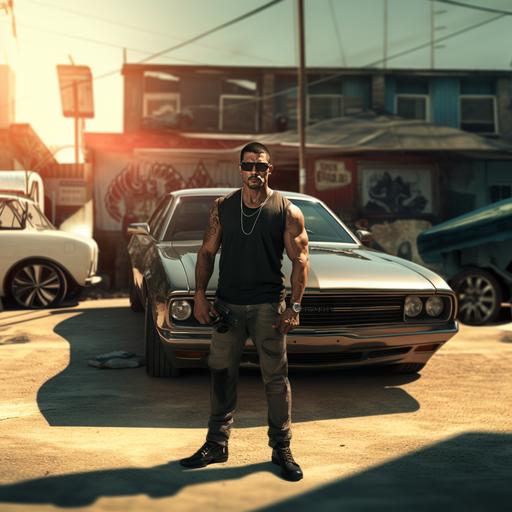 Male from GTA game, stood in front of a muscle gangster type car. Detailed, photorealistic 4k render. Man holding a weapon, mean look with sunshades on