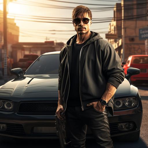 Male from GTA game, stood in front of a muscle gangster type car. Detailed, photorealistic 4k render. Man holding a weapon, mean look with sunshades on