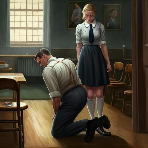 Male in maid uniform on knees in class room with lady teacher:: --v 4