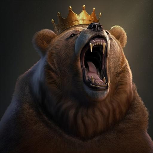 Male, king, Big brown grizzly bear, mouth open roaring, wearing a crown, animated, realistic --v 4