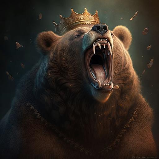 Male, king, Big brown grizzly bear, showing teeth. mouth open roaring, wearing a crown, animated --v 4