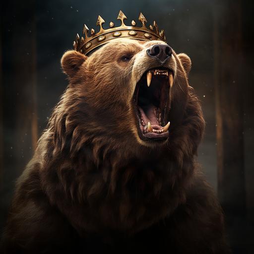 Male, king, realistic features, Big brown grizzly bear, showing teeth. mouth open roaring, wearing a crown, Angry, Starburst with dark background--v 4