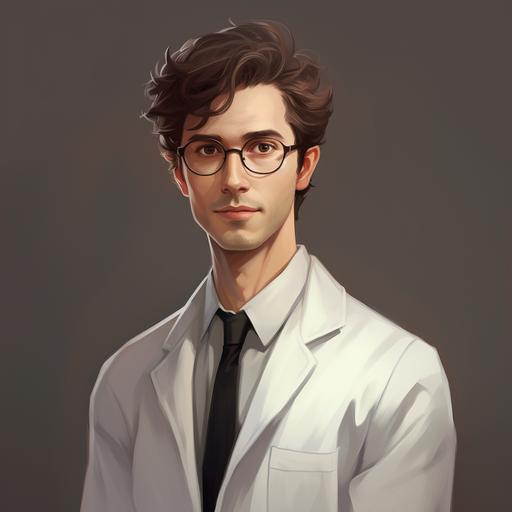 Male, mid to early 20s, brown hair, lab coat, scp foundation researcher, tall thin frame, short regulation haircut, neutral expression, very professional, plain features, halfbody view, detailed