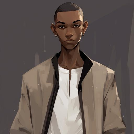 Male teen character, black, shaved head, lowcut hair, Sudanese, skinny, strong features, collar shirt, khaki shorts, white vans shoes, animated style, anime, samurai jack style, cartoon network style, comic character , rain coat, scar over right eye, scar across neck,