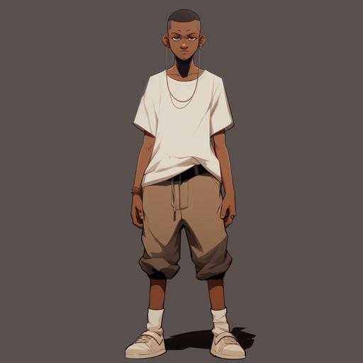 Male teen character, black, shaved head, lowcut hair, Sudanese, skinny, strong features, collar shirt, khaki shorts, white vans shoes, animated style, anime, samurai jack style, cartoon network style, comic character.