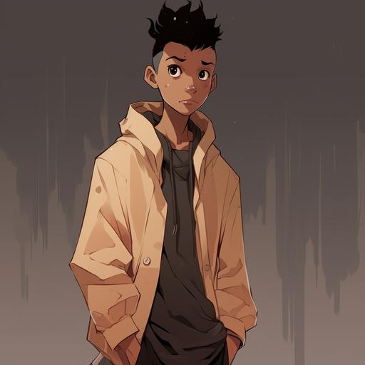 Male teen character, black, shaved head, lowcut hair, Sudanese, skinny, strong features, collar shirt, khaki shorts, white vans shoes, animated style, anime, samurai jack style, cartoon network style, comic character , rain coat, scar over right eye, scar across neck,