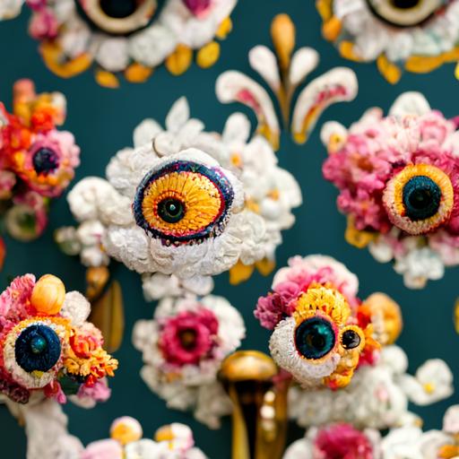 detailed chintz pearl white wallpaper with colorful bouquet of flowers, with a colorful venetian mask in foreground seamless