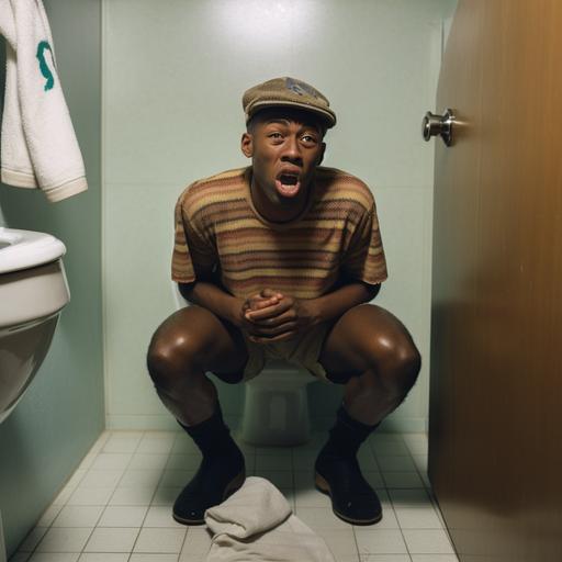 Realistic photograph of Tyler the Creator sitting on a toilet with face grimacing in pain --v 5