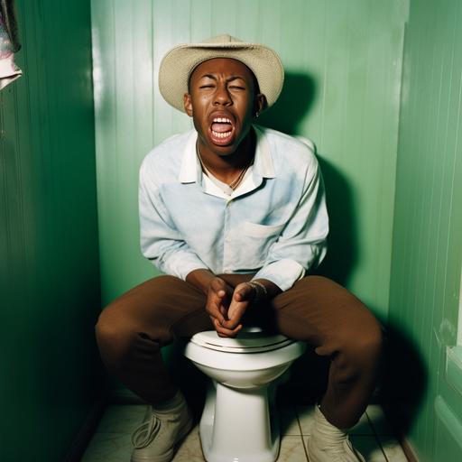 Realistic photograph of Tyler the Creator sitting on a toilet with face grimacing in pain --v 5
