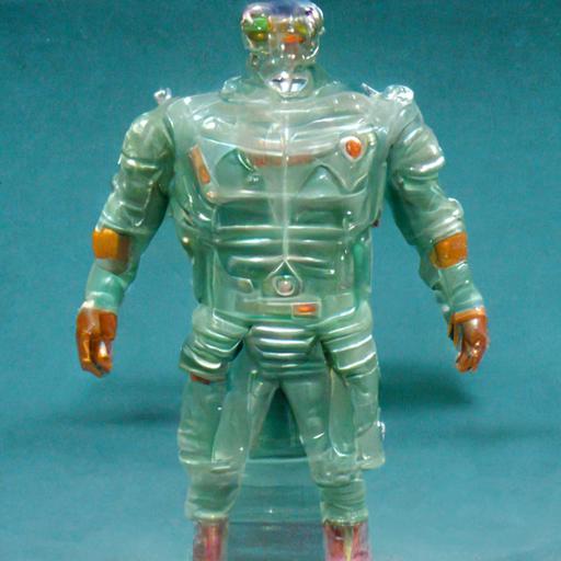 1990s toybiz style action figure, microman aesthetic, chrome head, transparent body, full body, 4K, highly detailed